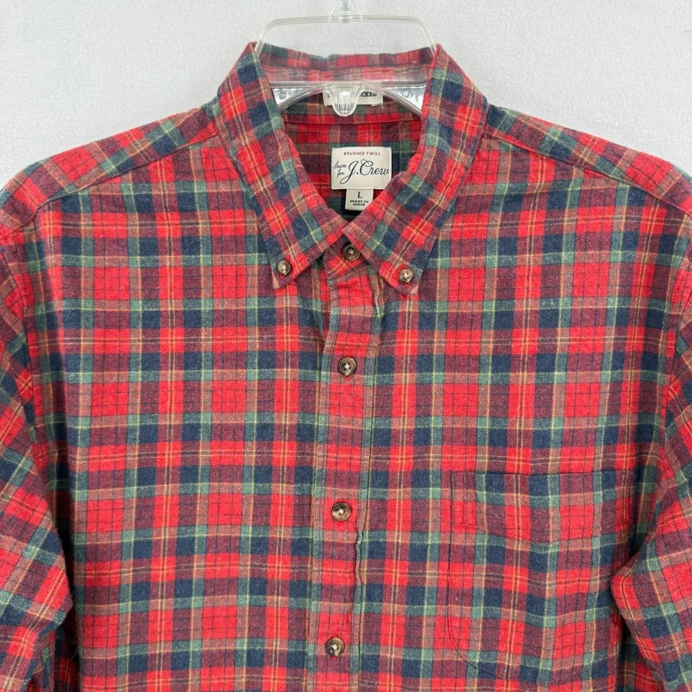 J. Crew Brushed Twill Shirt Mens Large Red Plaid Slim Untucked Button Down